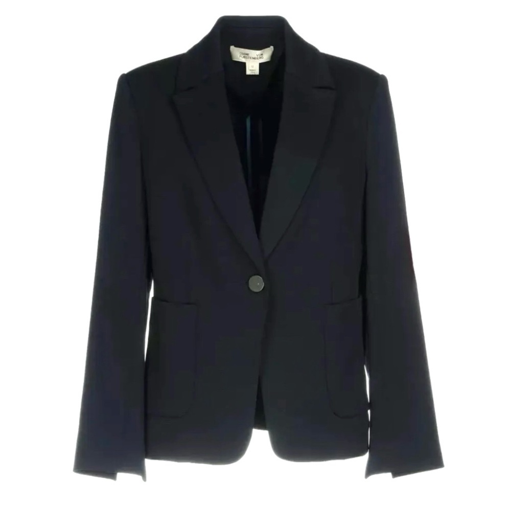 NEW Diane Von Furstenberg Single Button Navy Lapel Blazer Jacket Women's 14